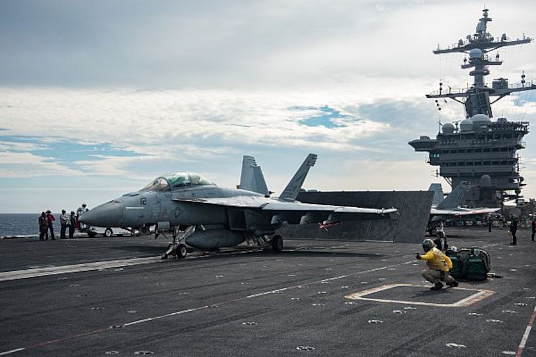 171113-N-MT837-0162 
PACIFIC OCEAN (Nov. 13, 2017) Lt. Milton Cochran signals to launch a F/A-18F Super Hornet assigned to the “Bounty Hunters” of Strike Fighter Squadron (VFA) 2 from the flight deck of the Nimitz-class aircraft carrier USS Carl Vinson (CVN 70). Carl Vinson is participating in a sustainment training exercise in preparation for an upcoming deployment. (U.S. Navy photo by Mass Communication Specialist Seaman Dylan M. Kinee/Released)