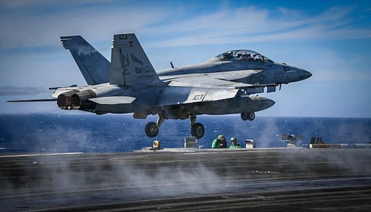 171114-CG677-0088 
PACIFIC OCEAN (Nov. 14, 2017) An F/A-18F Super Hornet assigned to the “Bounty Hunters” of Strike Fighter Squadron (VFA) 2 launches from the flight deck of the Nimitz-class aircraft carrier USS Carl Vinson (CVN 70). Carl Vinson is participating in a sustainment training exercise in preparation for an upcoming deployment. (U.S. Navy photo by Mass Communication Specialist 3rd Class Jake Cannady/Released)