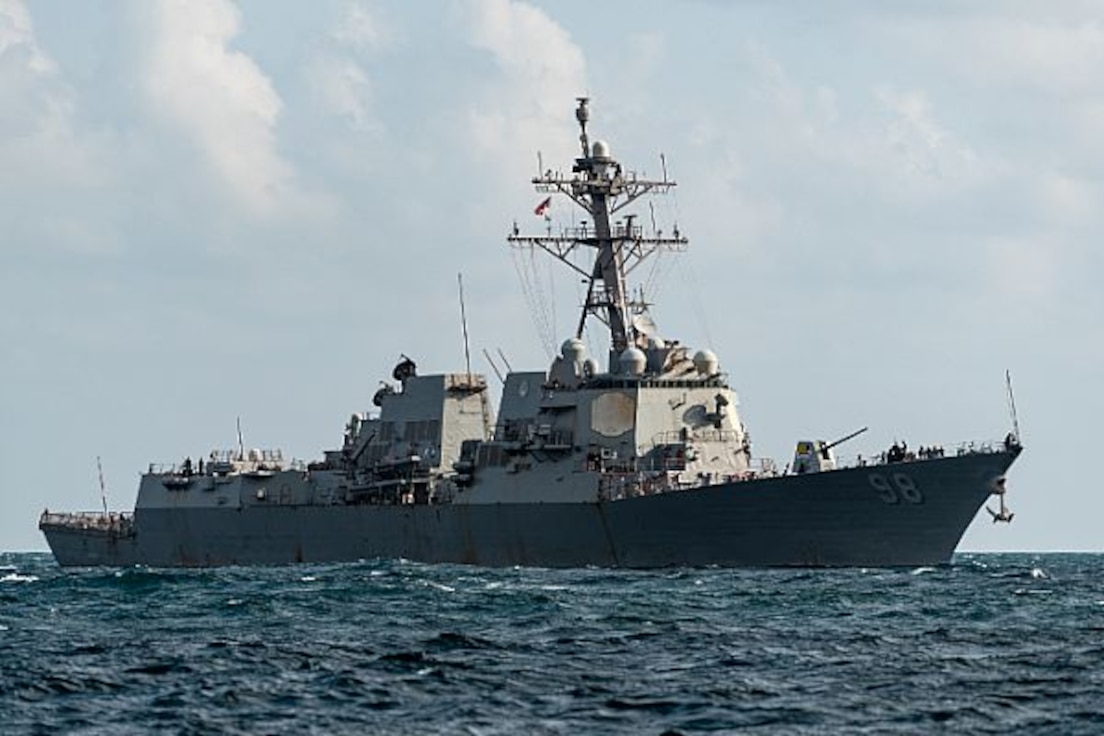 191117-N-DX868-1892 
GULF OF TADJOURA (Nov. 17, 2019) The guided-missile destroyer USS Forrest Sherman (DDG 98) transits the Gulf of Tadjoura. Forrest Sherman is deployed to the U.S. 5th Fleet area of operations in support of naval operations to ensure maritime stability in the Central Region, connecting the Mediterranean Sea and Pacific Ocean  through the western Indian Ocean and three strategic choke points. (U.S. Navy photo by Hospital Corpsman 1st Class Kenji Shiroma/Released)