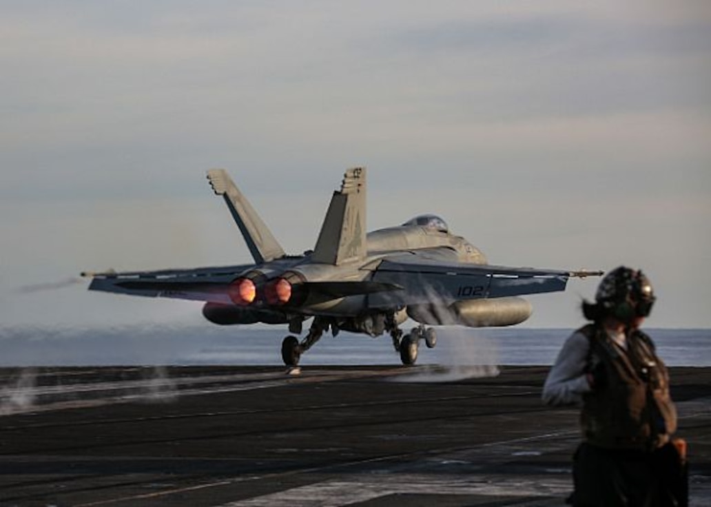 200118-N-MM912-1120
PACIFIC OCEAN (Jan. 18, 2020) An F/A-18E Super Hornet attached to the Pukin' Dogs of Strike Fighter Squadron (VFA) 143 launches from the flight deck of the aircraft carrier USS Abraham Lincoln (CVN 72) to return to Naval Air Station Oceania following a 10-month deployment. The Abraham Lincoln Carrier Strike Group is deployed to the U.S. 3rd Fleet area of operations. With Abraham Lincoln as the flagship, deployed strike group assets include staffs and aircraft of Carrier Strike Group (CSG) 12, Destroyer Squadron (DESRON) 2, and Carrier Air Wing (CVW) 7. (U.S. Navy photo by Mass Communication Specialist 3rd Class Michael Singley/Released)