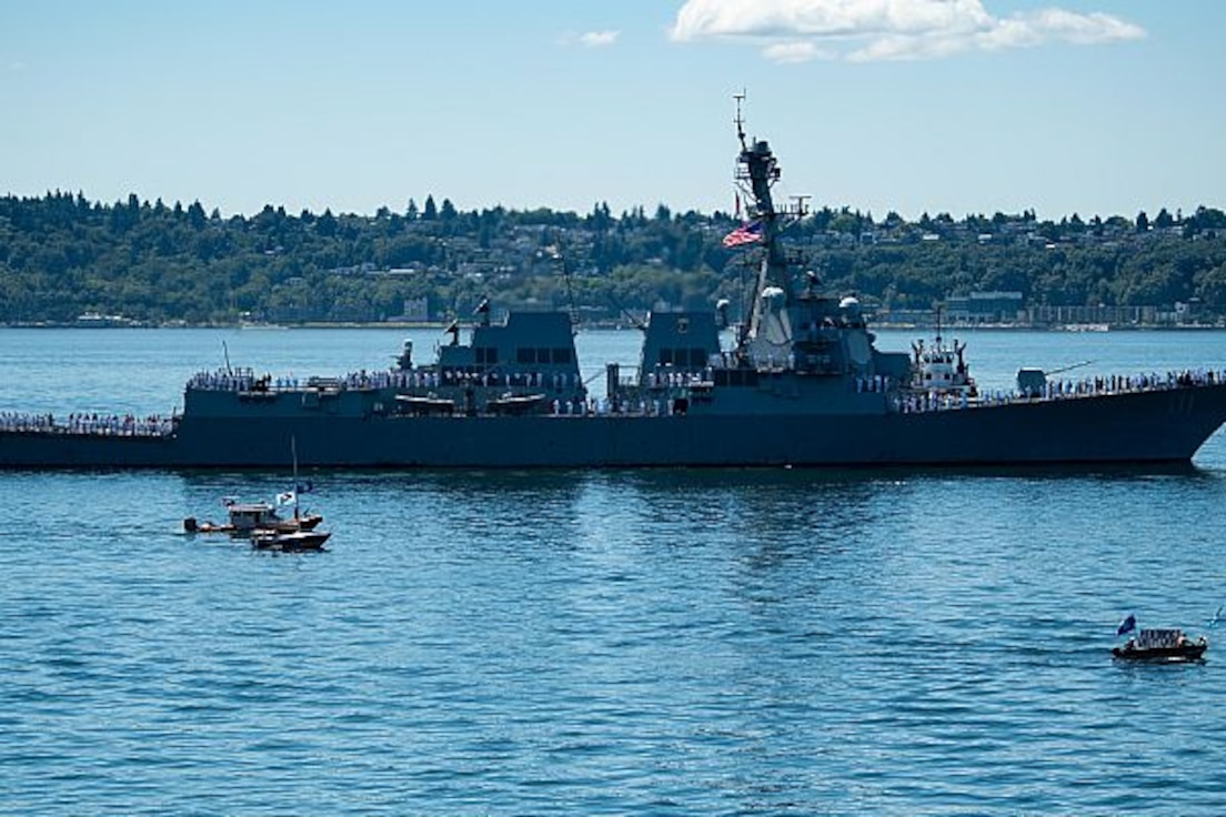 190729-N-SH284-0156 
SEATTLE (July 29, 2019) The Arleigh Burke-class guided-missile destroyer USS Spruance (DDG 111) participates in a parade of ships in Elliott Bay during the 70th annual Seattle Fleet Week. Seattle Fleet Week 2019 is a time-honored celebration of the sea services and provides an opportunity for the citizens of Washington to meet Sailors and Coast Guardsmen, as well as witness firsthand the latest capabilities of today's maritime services. (U.S. Navy photo by Mass Communication Specialist 2nd Class Vaughan Dill/Released)