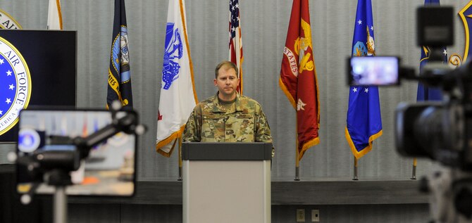 Col. Parker Wright, commander, National Air and Space Intelligence Center, bids farewell to the workforce during a ceremony streamed live from the NASIC Forum at Wright-Patterson Air Force Base, Ohio, May 8, 2020. Wright took command of NASIC in June 2018, having previously served as the commander of the Signals Analysis Squadron here from 2010 to 2012. (U.S. Air Force photo by Senior Airman Samuel Earick)