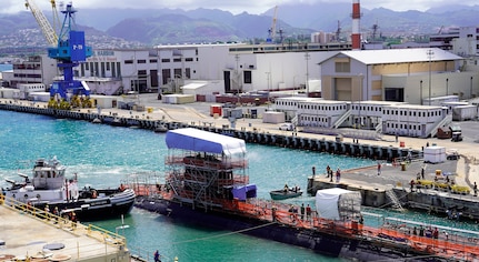 The Virginia-class submarine USS Mississippi (SSN 782) docks in Dry Dock #1 on May 19 ahead of its extended dry-docking selected restricted availability. USS Mississippi's motto is Virtute et Armis ("By Valor and Arms") and is homeported in Pearl Harbor, Hawaii.