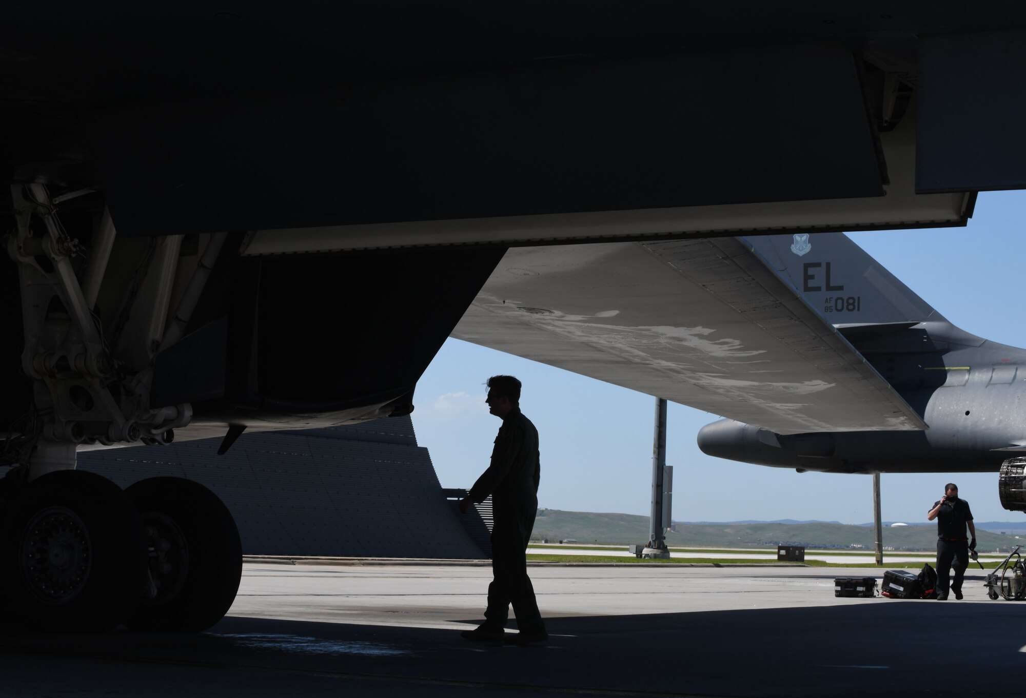 Pre-flight checks are conducted prior to a B-1B Lancer launch from Ellsworth Air Force Base, S.D., May 19, 2020, in support of a Bomber Task Force mission within the U.S. European Command area of responsibility. BTF missions are a visible demonstration of the United States’ capability of extended deterrence and commitment to the collective defense of the NATO alliance. (U.S. Air Force photo by Airman 1st Class Christina Bennett)