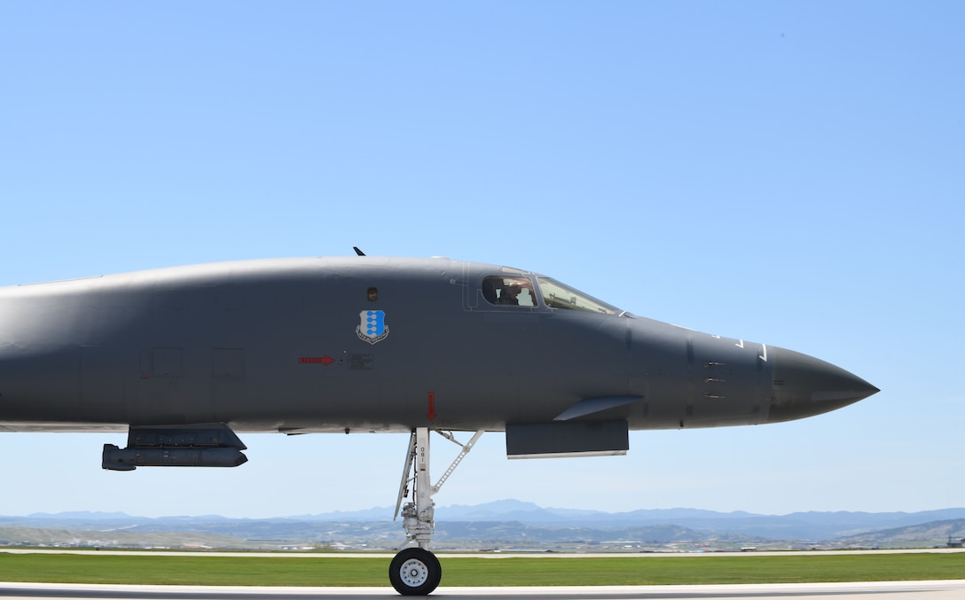 A 34th Bomb Squadron B-1B Lancer taxis on the flight line prior to takeoff from Ellsworth Air Force Base, S.D., May 19, 2020, in support of a Bomber Task Force mission to the U.S. European Command area of responsibility May 19, 2020. These long-range, long-duration B-1 missions demonstrate the U.S. Air Force’s global strike capacity and ability to deliver precision-guided ordnance against any adversary - anytime, anywhere. (U.S. Air Force photo by Airman 1st Class Christina Bennett)