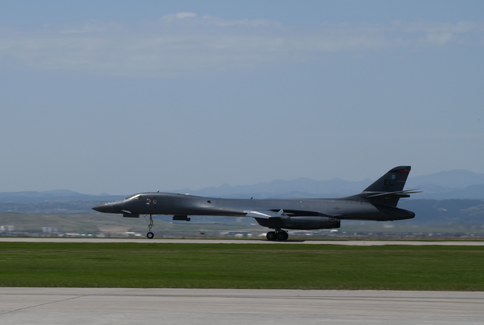 A 34th Bomb Squadron B-1B Lancer taxis down the runway after landing on Ellsworth Air Force Base, S.D., May 20, 2020.  This followed the completion of a long-range, long-duration Bomber Task Force mission to the U.S. European Command area of responsibility. BTF missions provide opportunities to work and train with U.S. allies and partners, while strengthening capabilities by familiarizing aircrew with air bases and operations in different parts of the world. (U.S. Air Force photo by Airman 1st Class Christina Bennett)