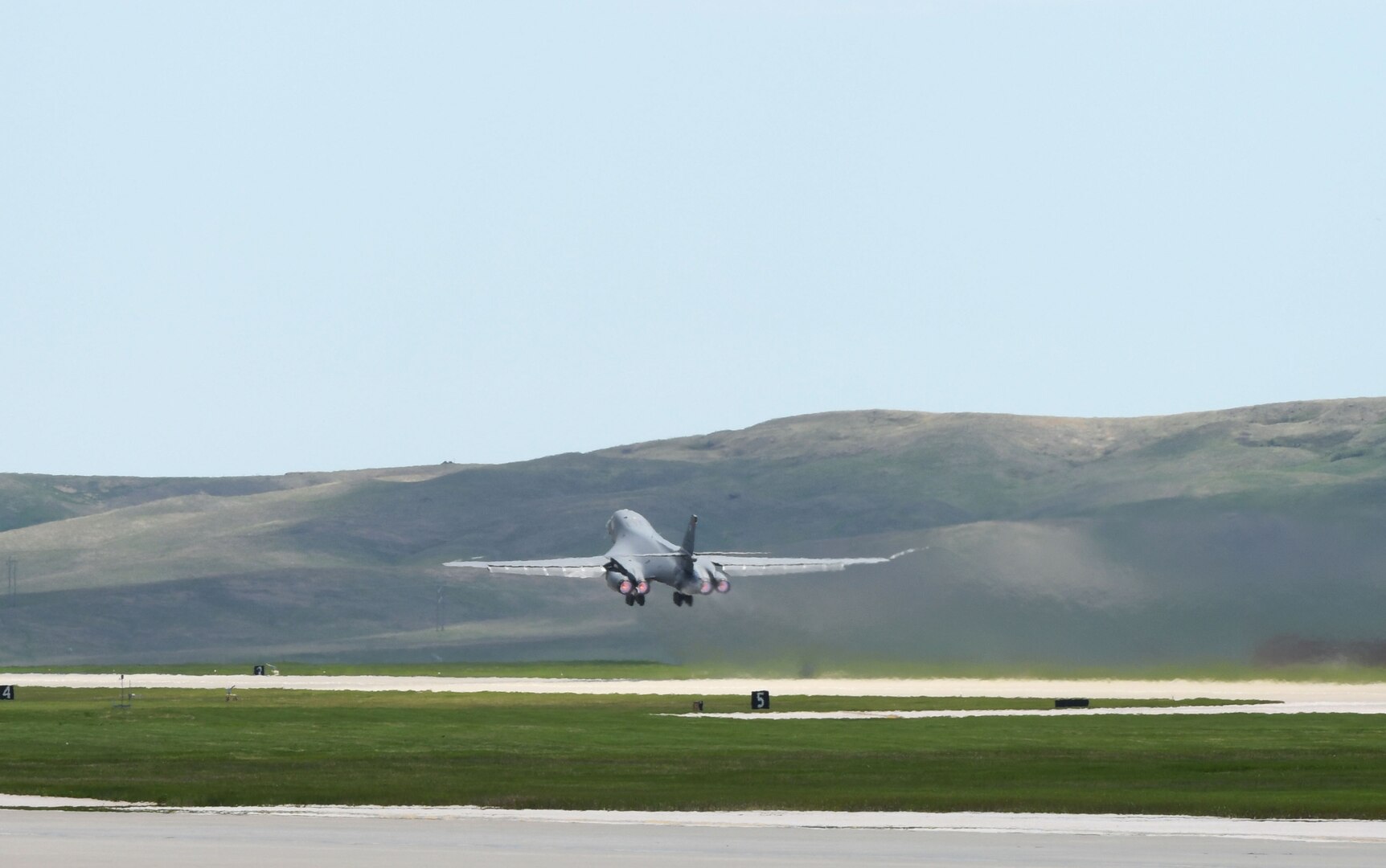 A 34th Bomb Squadron B-1B Lancer launches from Ellsworth Air Force Base, S.D., May 19, 2020, to conduct a long-range, long-duration Bomber Task Force mission within the U.S. European Command area of responsibility. BTF missions provide opportunities to work and train with U.S. allies and partners, while strengthening capabilities by familiarizing aircrew with air bases and operations in different parts of the world. (U.S. Air Force photo by Airman 1st Class Christina Bennett)