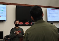Members of the 34th Bomb Squadron receive a step brief prior to launching from Ellsworth Air Force Base, S.D., May 19, 2020, for a long-range, long-duration Bomber Task Force mission in the U.S. European Command area of responsibility. BTF missions play a part in familiarizing aircrew members with operations in different geographic combatant command areas of operations. (U.S. Air Force photo by Airman 1st Class Christina Bennett)
