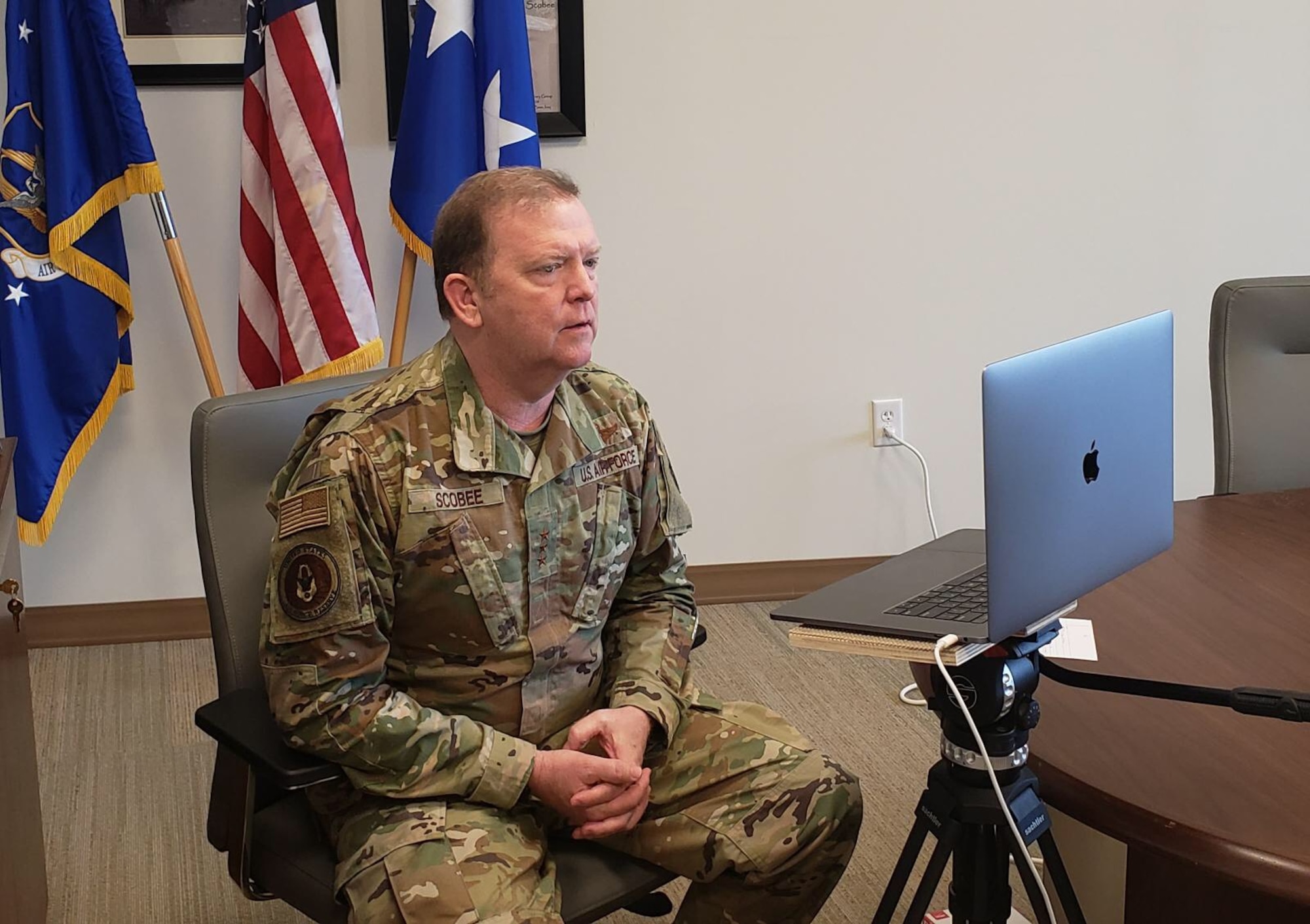 Lt. Gen. Richard Scobee conducts a FaceBook Live town hall meeting from his office to stay in touch with Reserve Citizen Airmen during this time of physical distancing. (Lt. Col. Jon Quinlan)