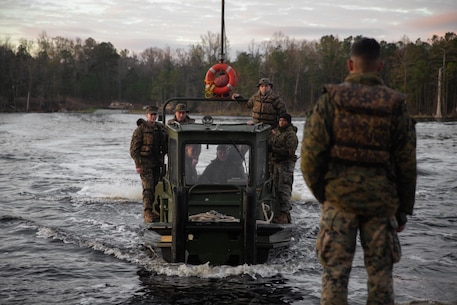 U.S. Marines with 8th Engineer Support Battalion, Bridge Company, participate in Type Commander’s Amphibious Training (TCAT) on Camp Lejeune, North Carolina, March 16, 2020. TCAT is a mobility exercise ashore that allows Marines to gain the requisite skills and experience to integrate with the U.S. Navy in follow on exercises and real-world operations. (U.S. Marine Corps photo by Lance Cpl. Zachary Zephir)