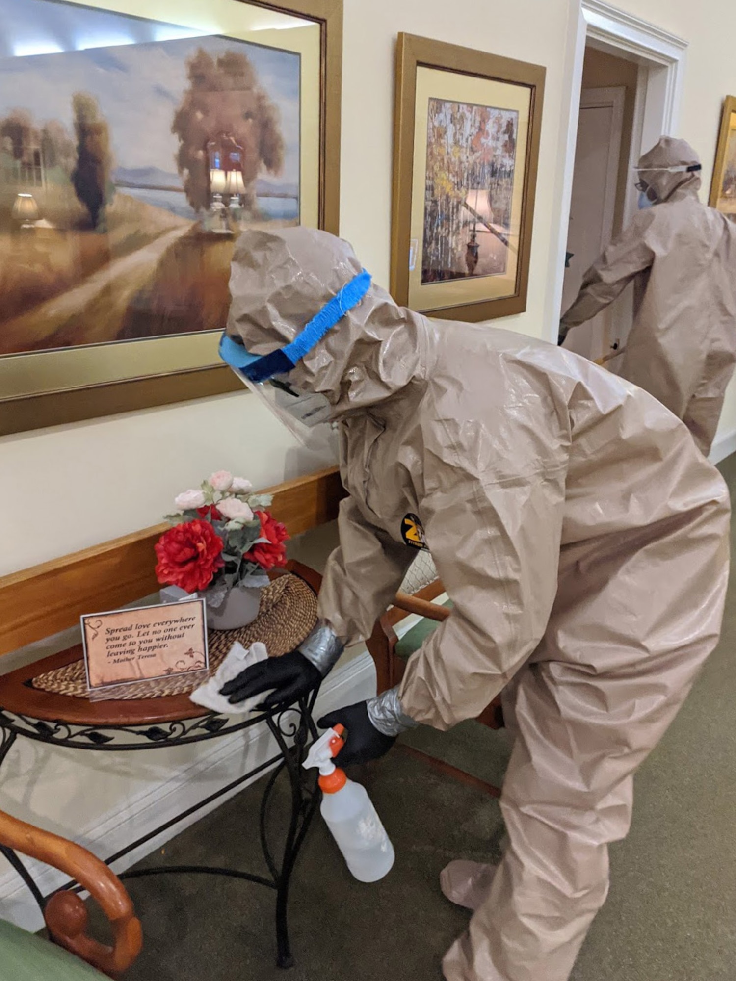U.S. Air Force Staff Sgt. Scott Shalek, an E-8C Joint STARS aircraft aerospace propulsion mechanic with the 116th Maintenance Squadron, Georgia Air National Guard, sanitizes a long-term care facility in Macon, Georgia, May 8, 2020. Georgia National Guard infection control teams supported COVID-19 relief efforts throughout Georgia. (U.S. Air National Guard courtesy photo)