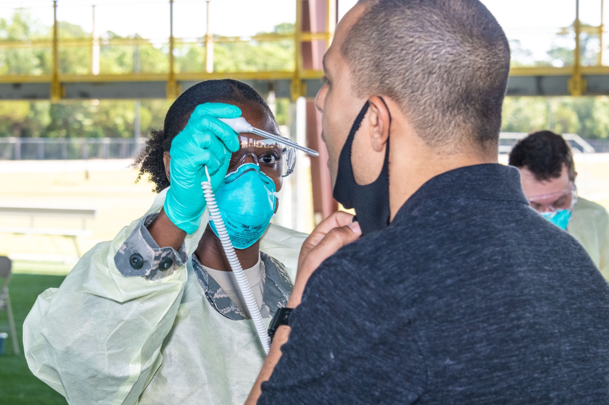 Officer Training School conducts COVID-19 testing May 19, 2020, during in-processing of class 20-06. (U.S. Air Force photo by Trey Ward)