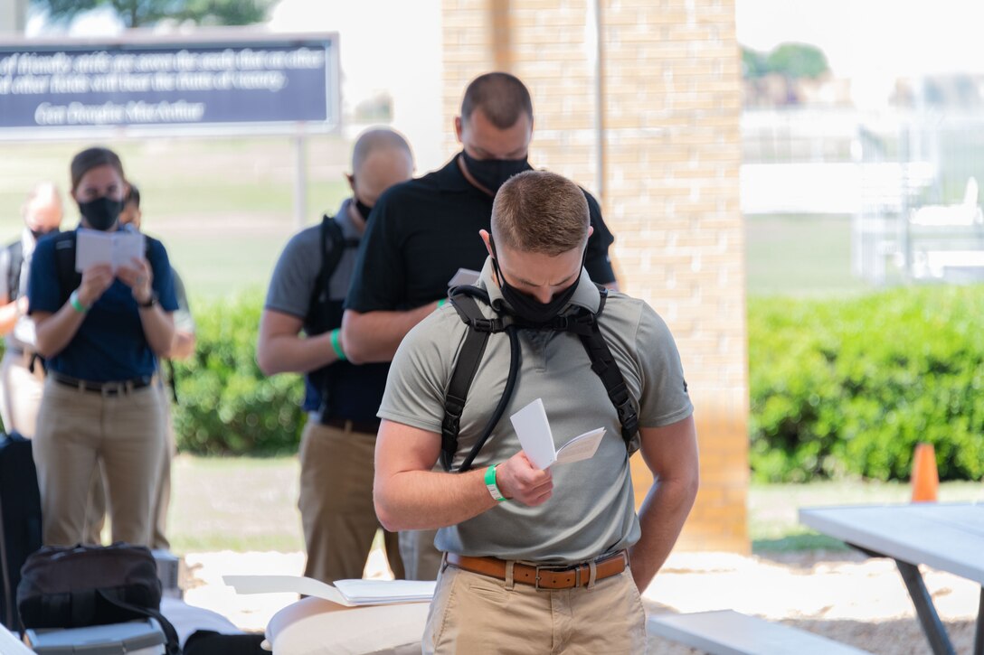 Officer Training School conducts COVID-19 testing May 19, 2020, during in-processing of class 20-06. (U.S. Air Force photo by Trey Ward)