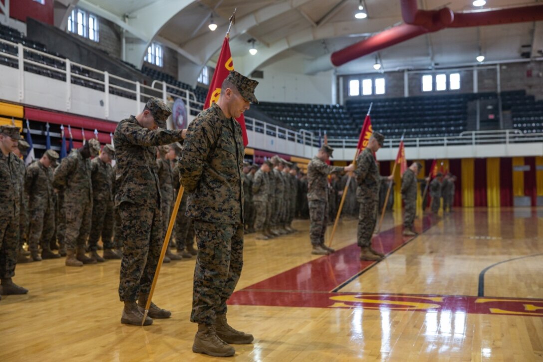 U.S. Marine Corps 1st Sgt. Joshua Pendley, 8th Engineer Support Battalion, 2nd Marine Logistics Group, reports in during a relief and appointment ceremony at Camp Lejeune, N.C., Jan. 31, 2020. Sgt. Maj. Roger Baez was relieved as the 8th Engineer Support Battalion sergeant major and Sgt. Maj. Patrick Fay was appointed. The ceremony symbolizes the passing of trust and confidence from the outgoing sergeant major to the incoming sergeant major.