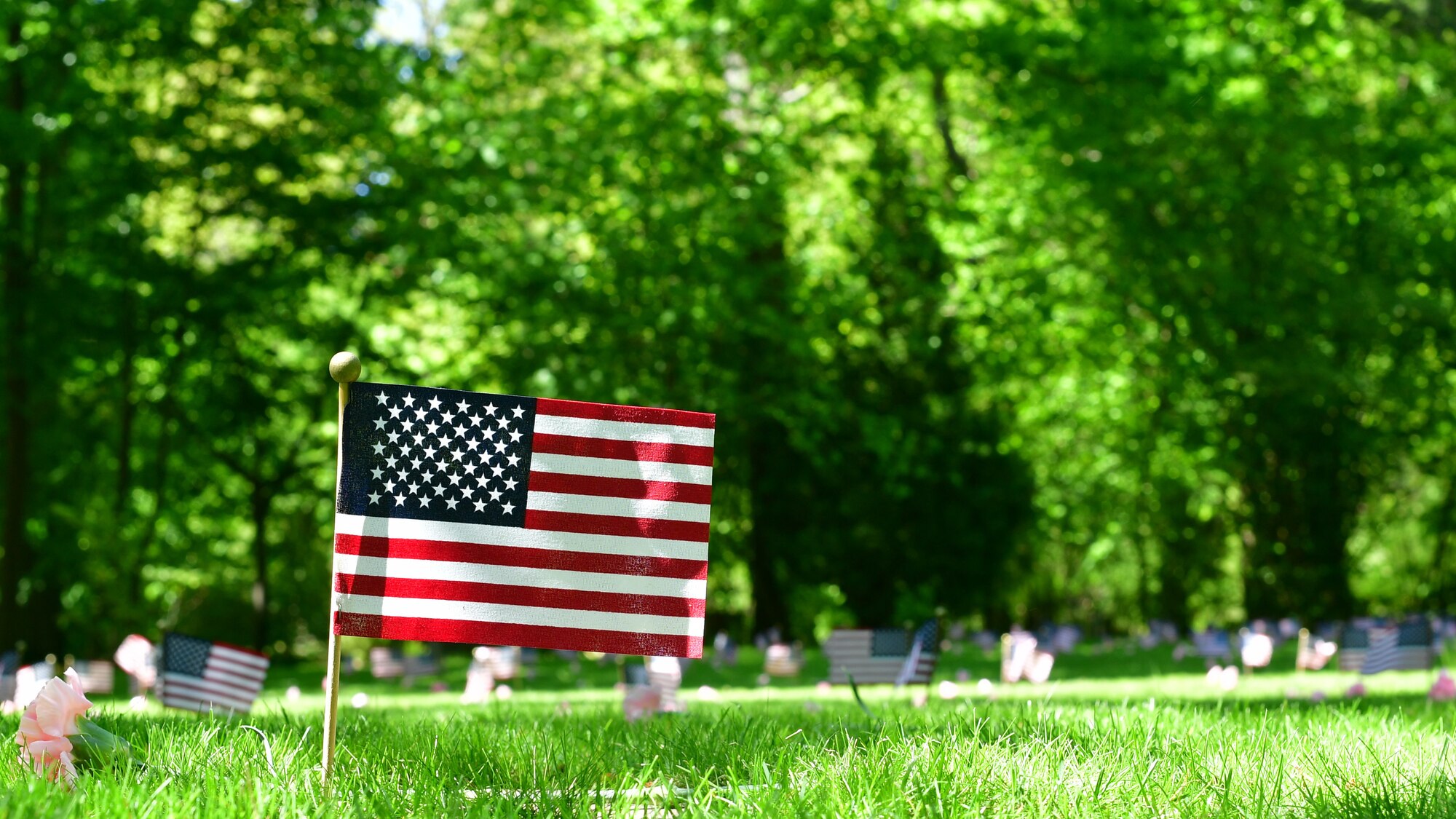 An American flag stands next to a grave at a memorial site in a cemetery.