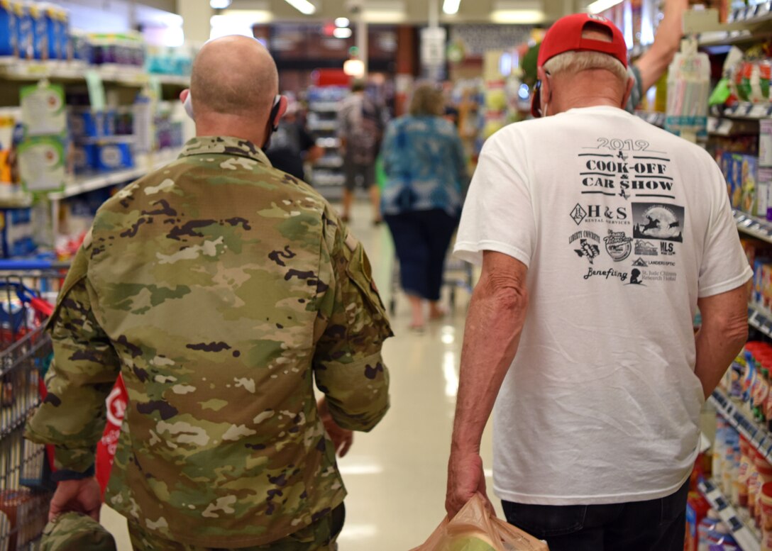 U.S. Air Force Col. Andres Nazario, 17th Training Wing commander, discusses his decision to close the base to retirees at the commissary on Goodfellow Air Force Base, Texas, May 20, 2020. The commissary was open to retirees for limited hours to ensure that they could get the products they need. (U.S. Air Force photo by Airman 1st Class Ethan Sherwood)