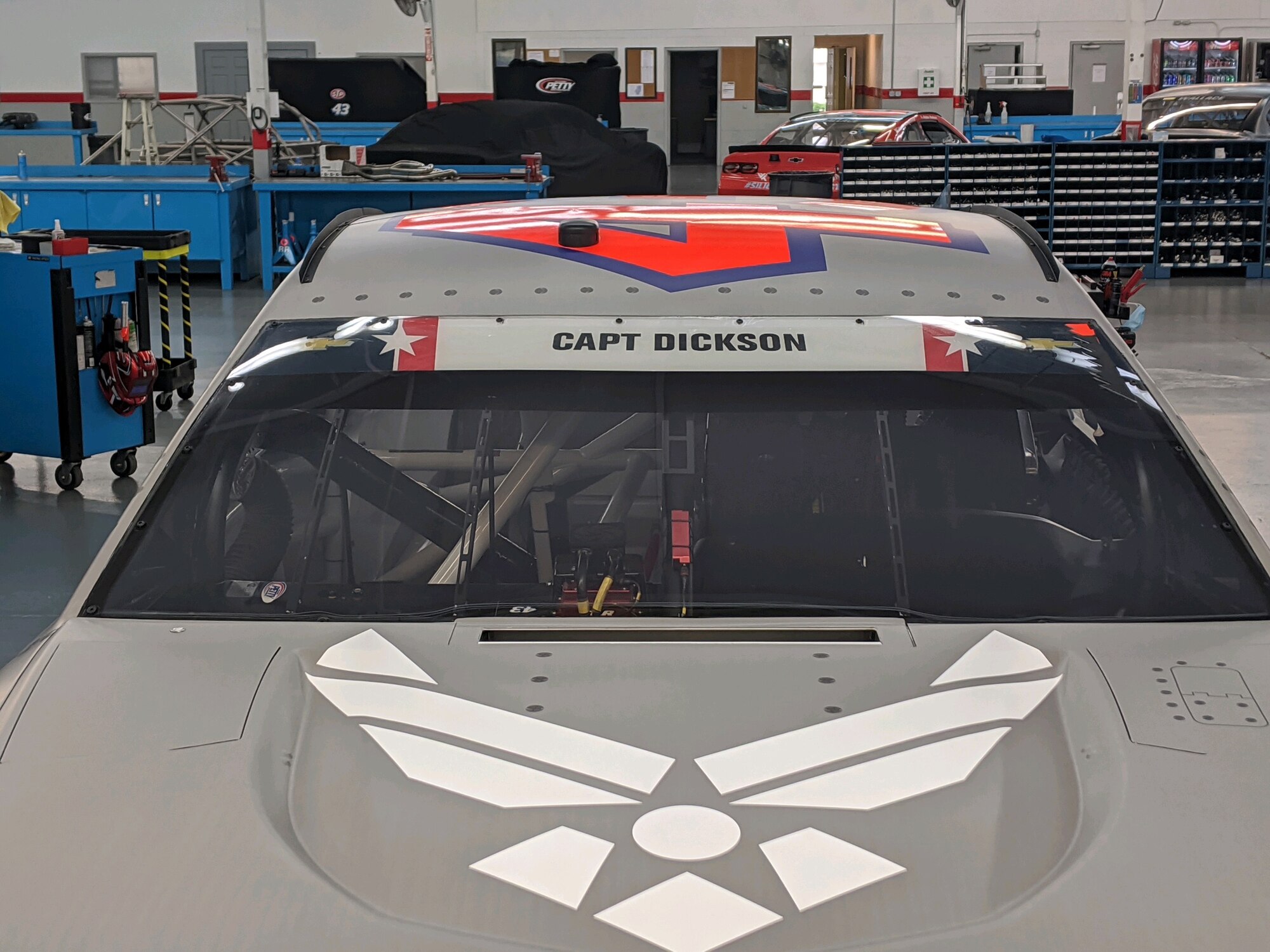 A decal on the windshield of Richard Petty Motorsports No. 43 car honoring Capt. Lawrence E. Dickson, an American hero and fallen Tuskegee Airman.
