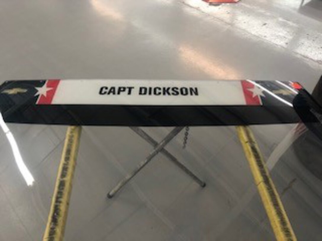 A decal on the windshield of Richard Petty Motorsports No. 43 car honoring Capt. Lawrence E. Dickson, an American hero and fallen Tuskegee Airman.