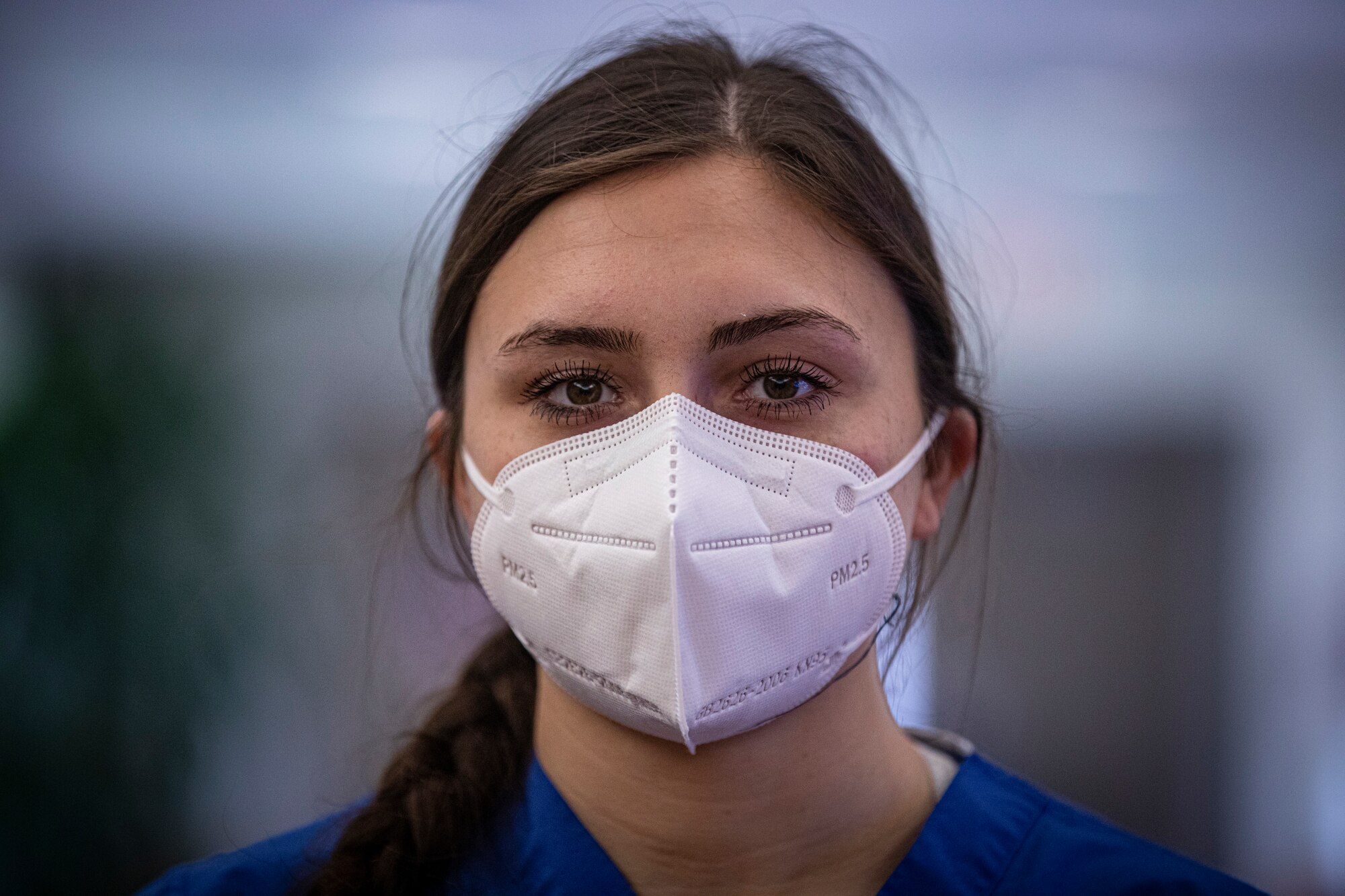 U.S. Air Force Airman 1st Class Abby Guercioni stands for a portrait inside the Veterans Memorial Home in Vineland, N.J., May 19, 2020. Guercioni, a Munitions Systems specialist with the 177th Fighter Wing, deployed to the assisted living facility with a team of Airmen from the 177th and the 108th Wing, supporting staff with entry control, cleaning, food preparation, maintenance, and activities as part of the state's COVID-19 response effort. (U.S. Air National Guard photo by Master Sgt. Matt Hecht)