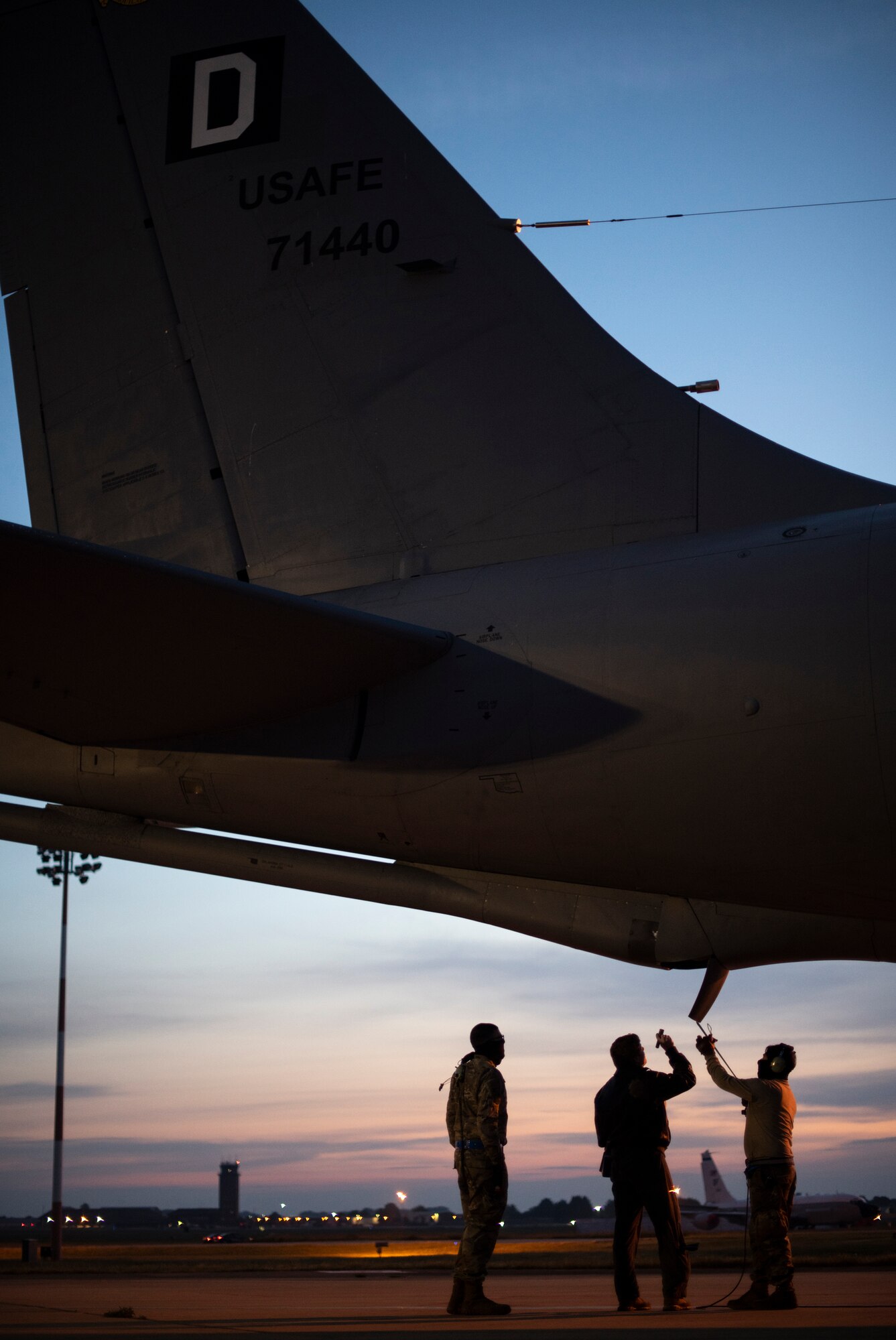 Airmen from the 351st Air Refueling Squadron and 100th Aircraft Maintenance Squadron inspect a KC-135 Stratotanker prior to a flight supporting Bomber Task Force Europe, at RAF Mildenhall, England, May 20, 2020. The mission marked the first time B-1s have flown over Sweden to integrate with Swedish Gripens while conducting close-air support training with Swedish Joint Terminal Attack Controller ground teams at Vidsel Range. (U.S. Air Force photo by Tech. Sgt. Emerson Nuñez)