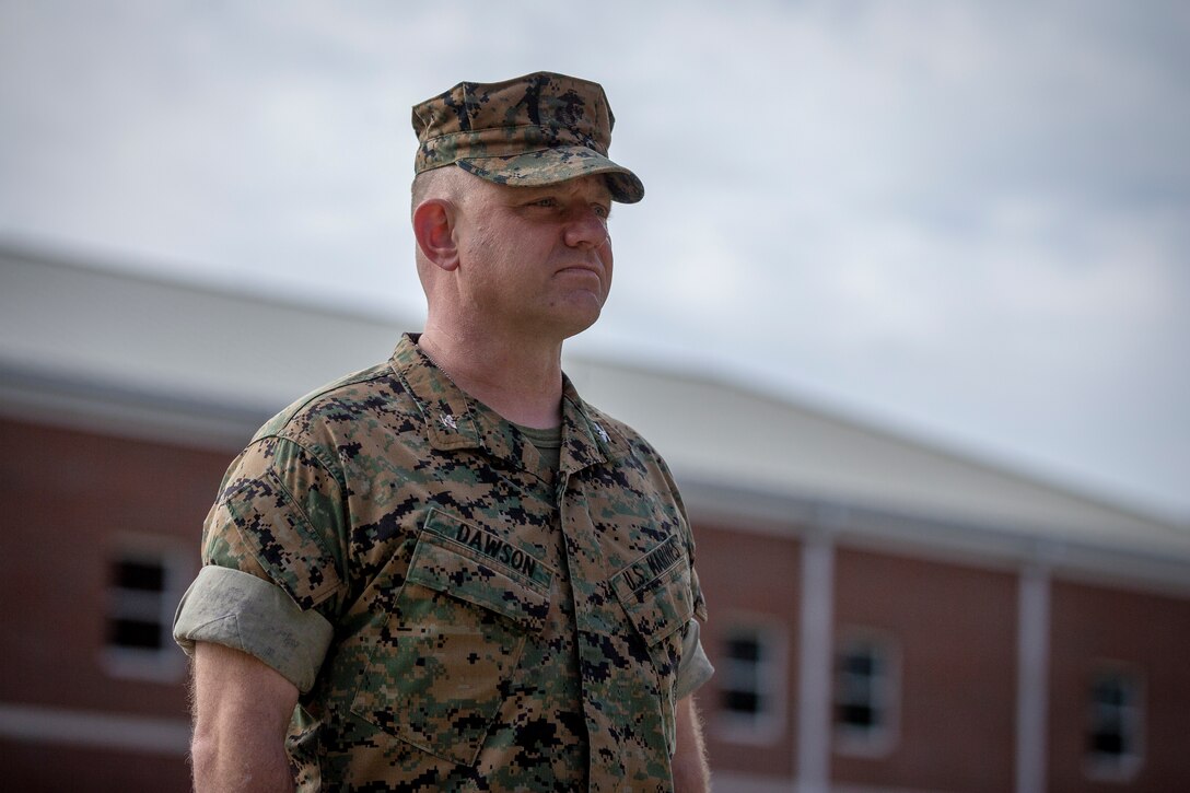 Col. Vincent Dawson, the commanding officer of Special Purpose Marine Air-Ground Task Force - Southern Command, prepares for the task force’s activation ceremony at Marine Corps Base Camp Lejeune, North Carolina, March 30, 2020. Marines with SPMAGTF- SC held the ceremony to formally activate the unit under U.S. Marine Corps Forces, South. SPMAGTF-SC will be deployed into the Southern Command area of operations to provide crisis response preparedness efforts, security cooperation training and engineering events to help strengthen relations with partner nations throughout Central and South America. Dawson is a native of Portland, Oregon. (U.S. Marine Corps photo by Cpl. Benjamin D. Larsen)