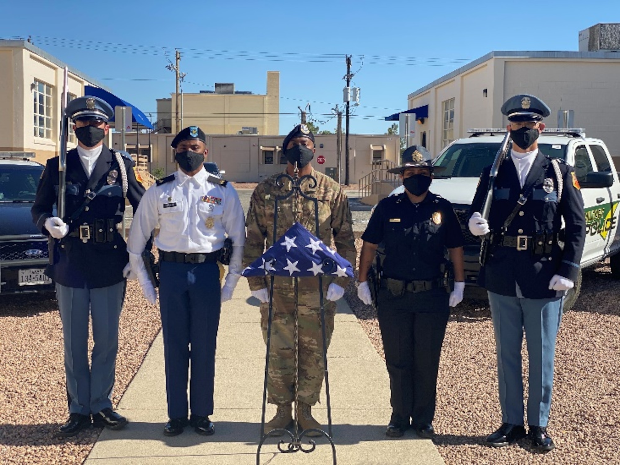A color guard formation made up of Fort Bliss military security forces members and El Paso area civilian police officers during the 2020 Peace Officers Memorial Day event. (Courtesy photo)