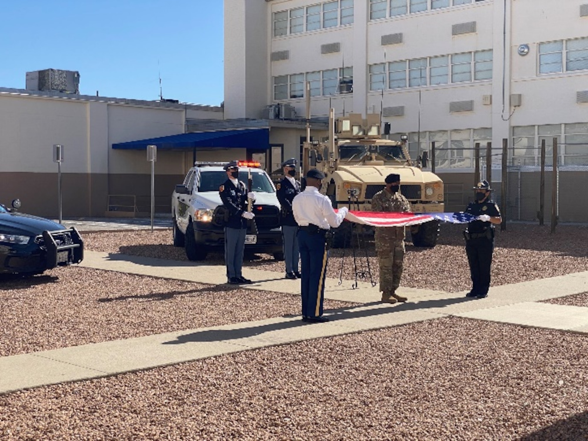 A color guard formation made up of Fort Bliss military security forces members and El Paso area civilian police officers during the 2020 Peace Officers Memorial Day event. (Courtesy photo)