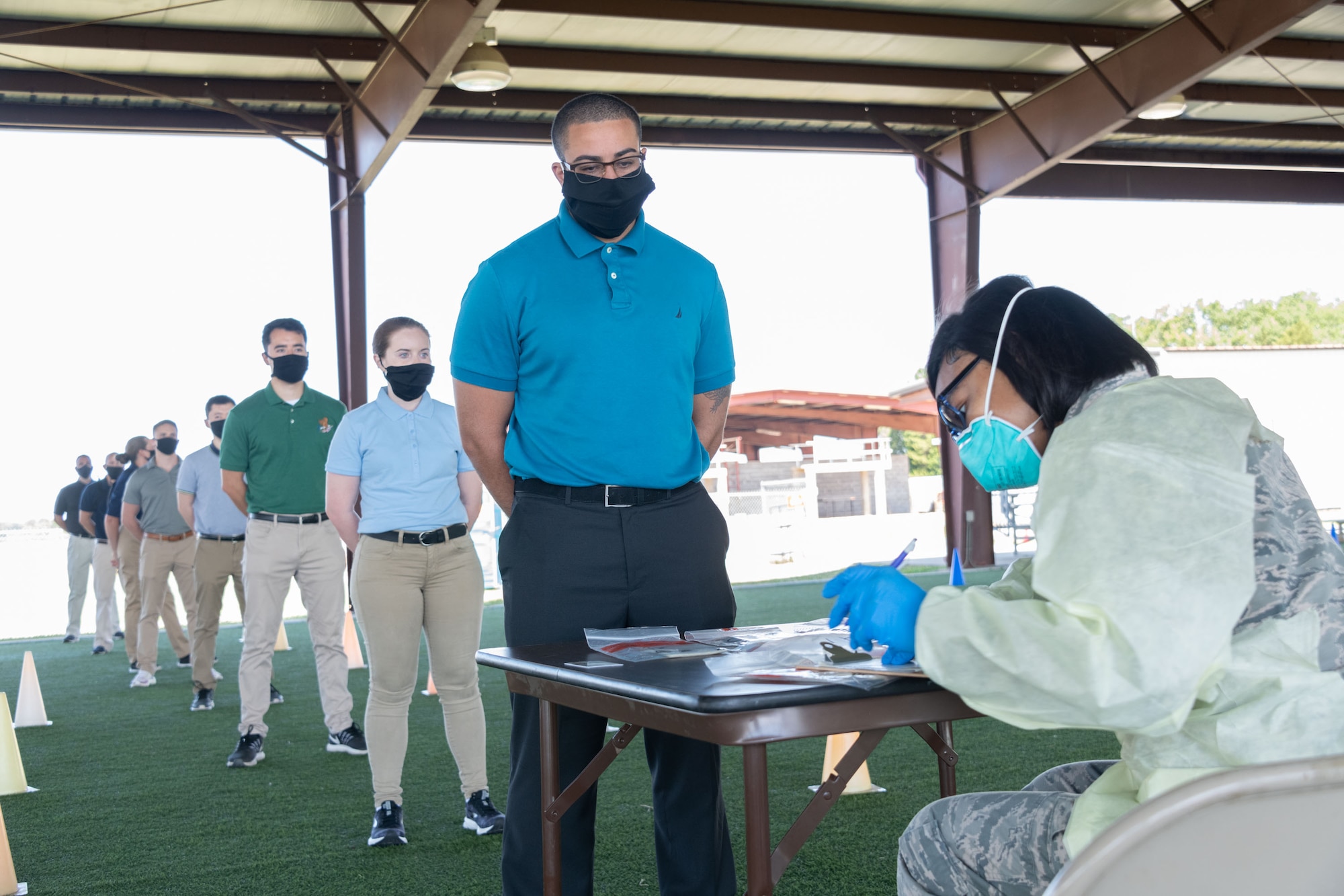 Officer Training School conducts COVID-19 testing May 19, 2020, during in-processing of class 20-06. (U.S. Air Force photo by Trey Ward)