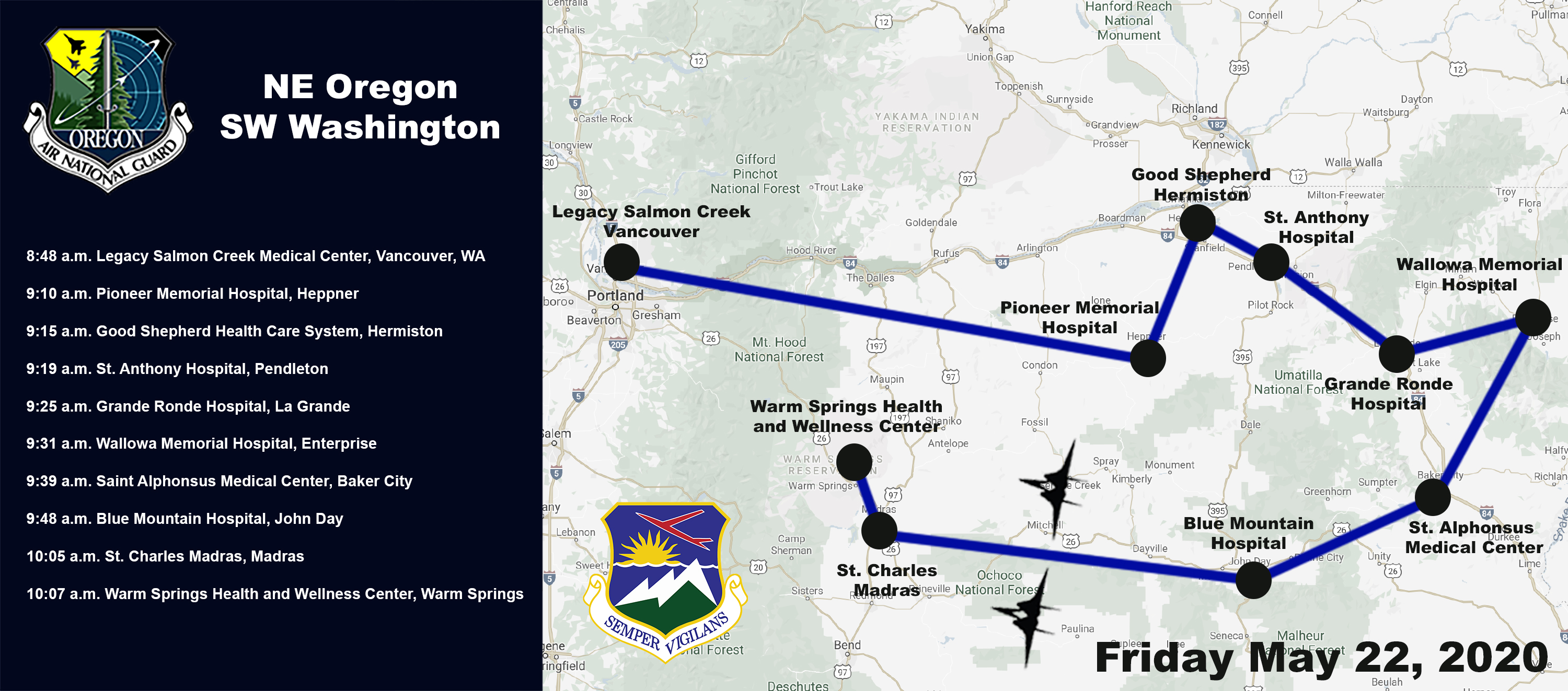 The Oregon Air National Guard is scheduled to continue flying multiple F-15 Eagle flyovers over hospitals and other locations throughout Oregon Friday, May 22 and Monday, May 25 in order to salute Oregonians on the forefront of the COVID-19 pandemic, lift morale during a time of severe health and economic impacts, and remember those brave service members who have paid the ultimate price for our freedom.