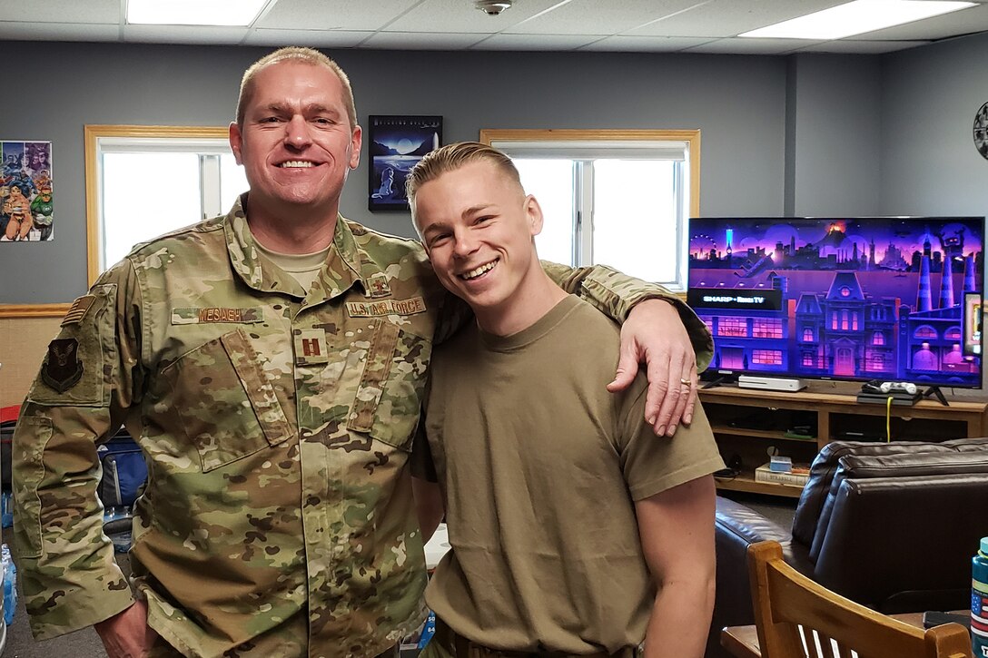Capt. Bill Mesaeh, left, a 341st Missile Wing chaplain, poses for a photo with Staff Sgt. Alex Hubbard, 10th Missile Squadron facility manager, at a Missile Alert Facility May 14, 2020, near Malmstrom Air Force Base, Montana.