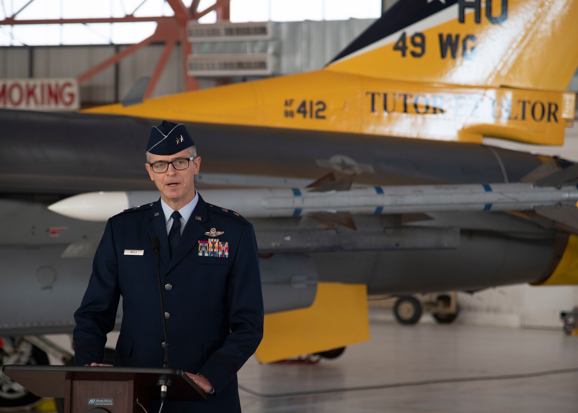 Maj. Gen. Craig Wills, 19th Air Force commander, speaks during the 49th Wing Change of Command ceremony, May 21, 2020, on Holloman Air Force Base, N.M. Wills presided over the ceremony where Col. Ryan Keeney assumed command of the 49th WG. (U.S. Air Force photo by Senior Airman Collette Brooks)