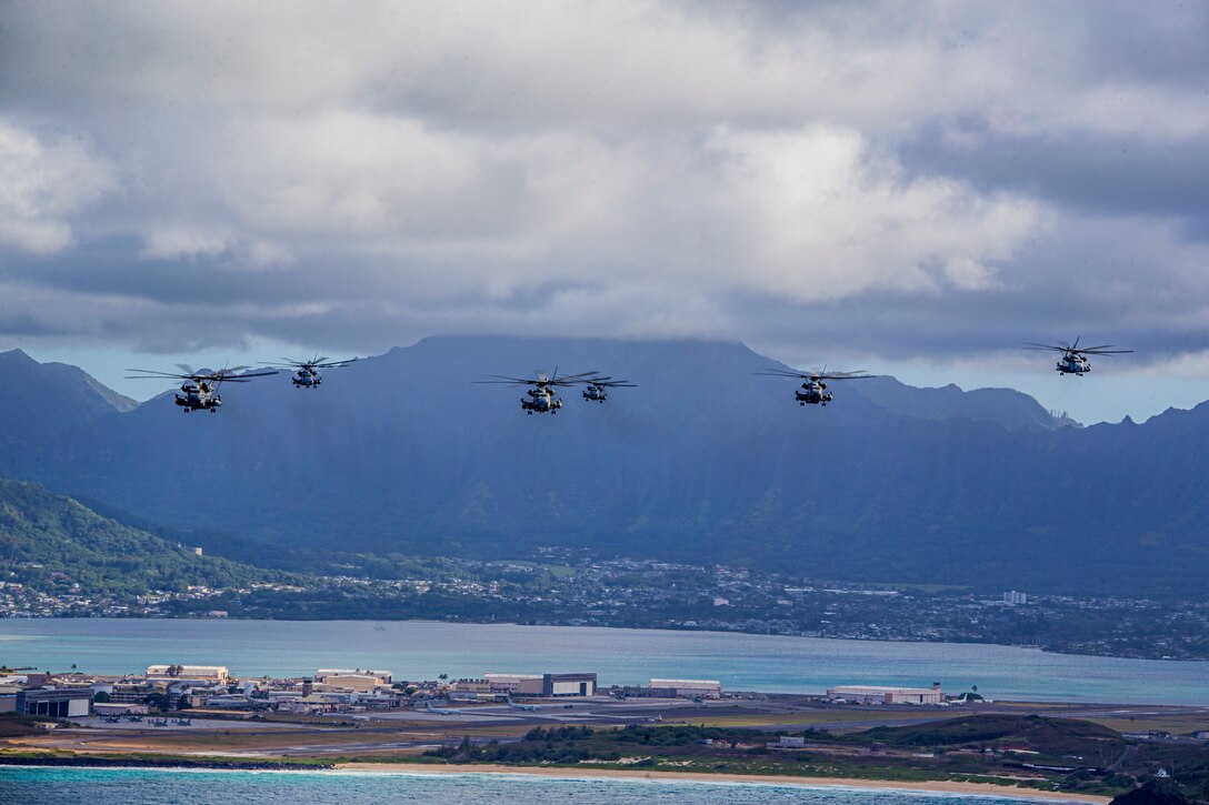 U.S. Marines with Marine Aircraft Group 24, conducted a mass air training mission along the shores of Oahu from Marine Corps Air Station Kaneohe Bay, Marine Corps Base Hawaii, May 19, 2020.