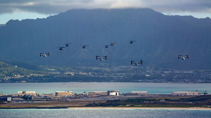 U.S. Marines with Marine Aircraft Group 24, conducted a mass air training mission along the shores of Oahu from Marine Corps Air Station Kaneohe Bay, Marine Corps Base Hawaii, May 19, 2020.