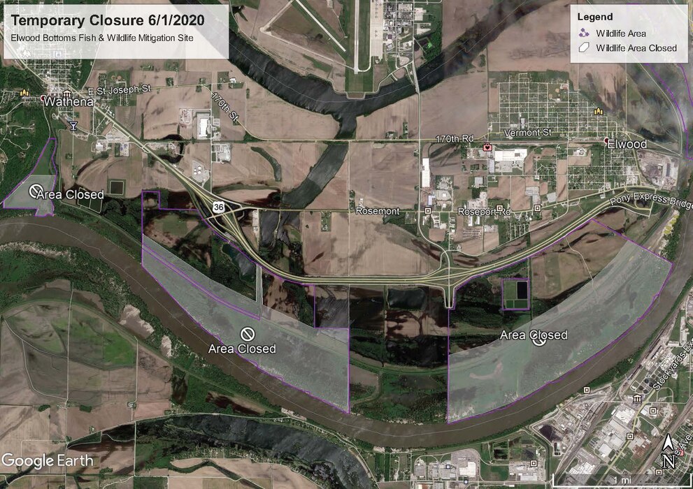 The U.S. Army Corps of Engineers, Kansas City District and the Kansas Department of Wildlife, Parks and Tourism will temporarily close portions of the 1,601-acre Elwood Bottoms Fish and Wildlife Mitigation Site Wildlife Area beginning June 1, 2020 due to construction of the St. Joseph Levee Raise Project by the Corps of Engineers. This temporary closure is to ensure the safety of construction workers and the public.