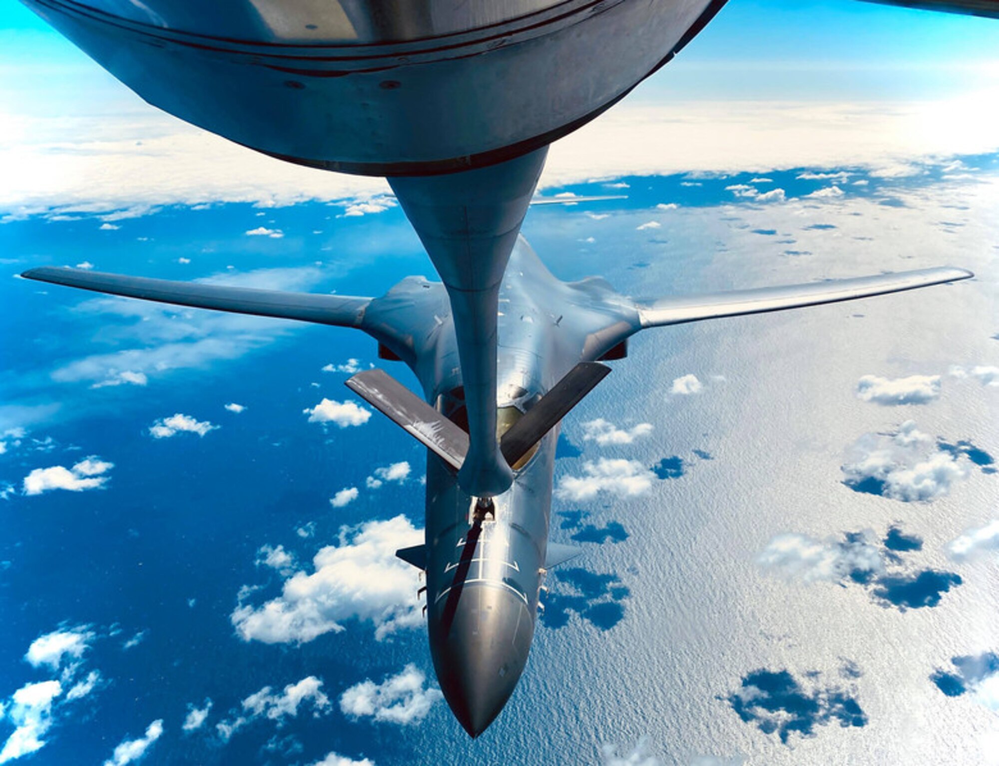 A B-1B Lancer from the 28th Bomb Wing, Ellsworth Air Force Base, South Dakota, receives fuel from a KC-135 Stratotanker from the 100th Air Refueling Wing, RAF Mildenhall, England, during a training mission for Bomber Task Force Europe over England, May 11, 2020.
