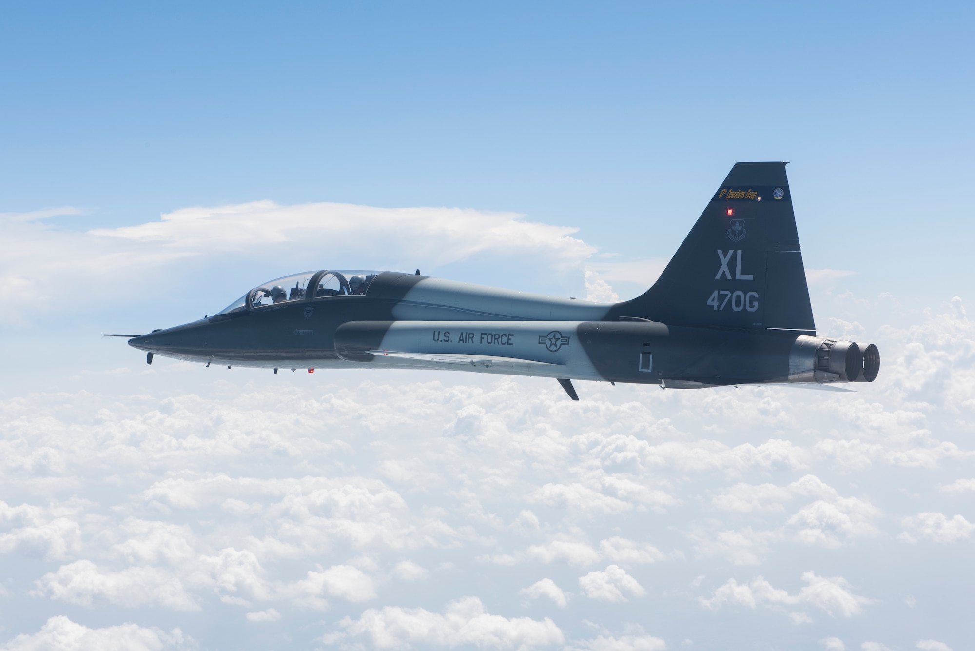 A T-6 Texan II, T-1A Jayhawk and a T-38C Talon, assigned to Laughlin Air Force Base, Texas, perform a flyover in San Angelo, Texas, May 21, 2020. Laughlin performed flyovers in three Texas cities as a part of the America Strong America Salutes Campaign, to show its gratitude for all front-line responders, economy sustainers and community members in the COVID-19 pandemic. (U.S. Air Force photo by Staff Sgt. Benjamin N. Valmoja)