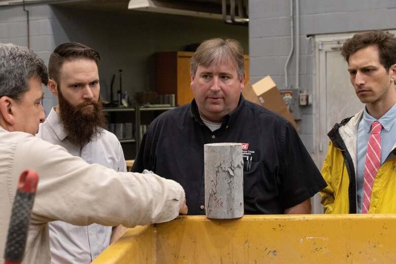 Tulsa District’s Jason Knight, right, toured the Geotechnical and Structures Laboratory’s Concrete Materials Lab on the Vicksburg, Mississippi, campus of the U.S. Army Engineer Research and Development Center. Taking tours of the four laboratories on the 700-acre campus, Knight was joined by his fellow ERDC-U selectees during kickoff week activities the first week of March. He will work on his six-month project with a mentor from the Environmental Laboratory based in Vicksburg.