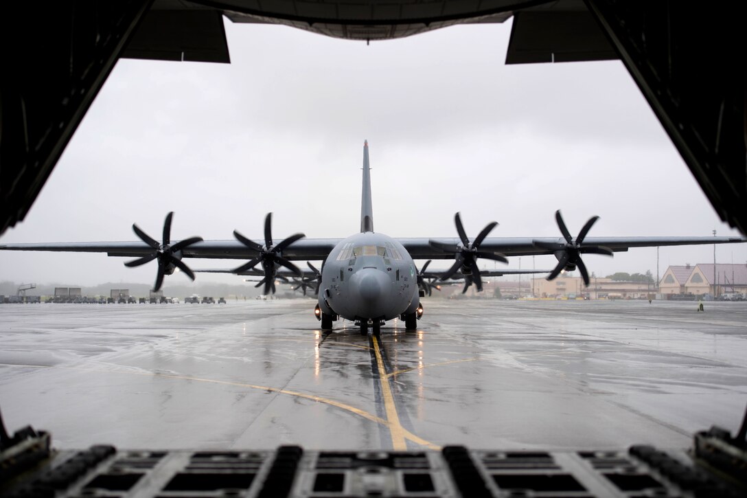 A C-130J Super Hercules, assigned to the 36th Airlift Squadron, taxis across the Yokota Air Base, Japan, flightline during the elephant walk portion of the Samurai Surge training exercise, May 21, 2020.