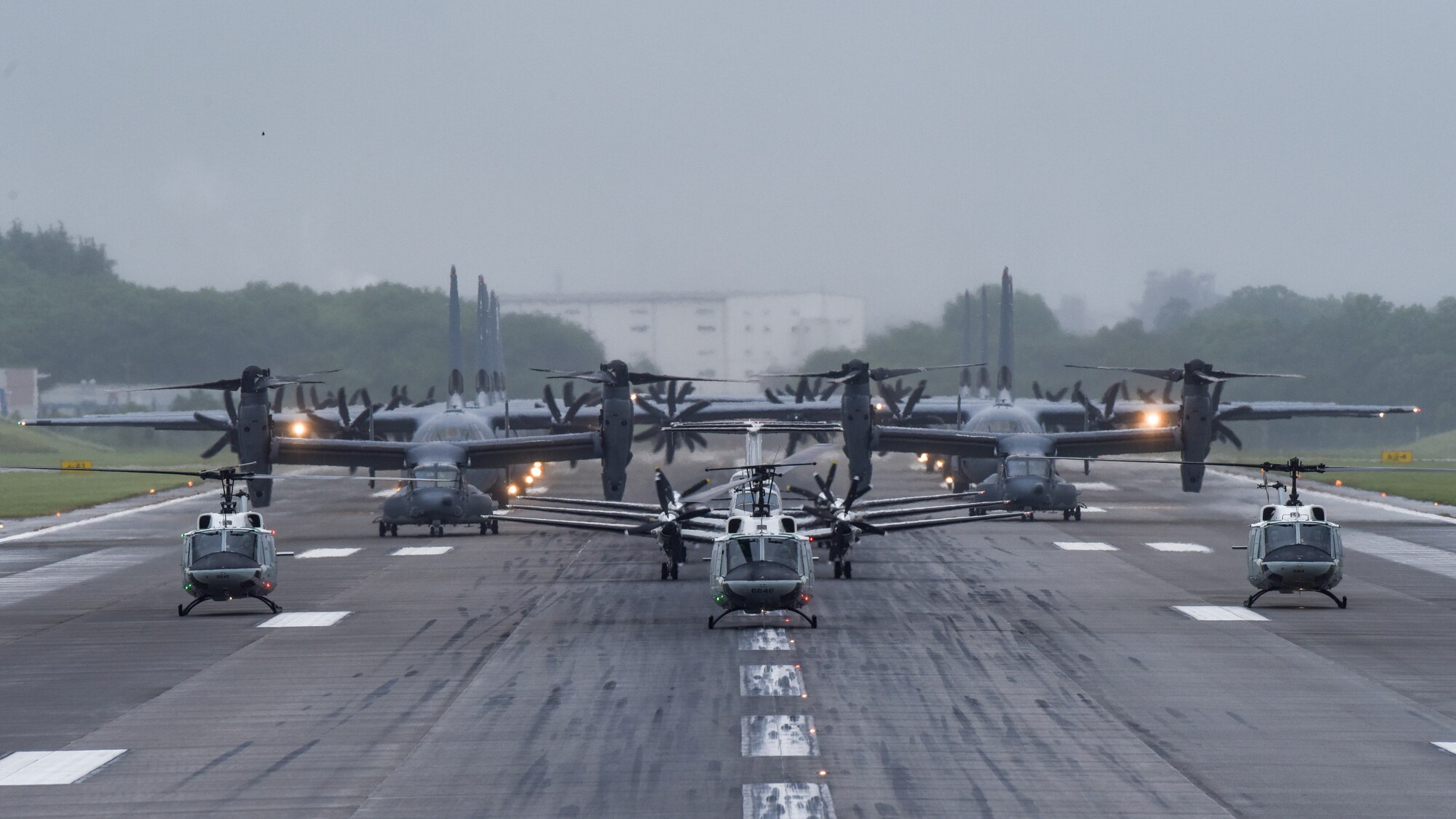 Aircraft from the 36th Airlift Squadron, 459th Airlift Squadron and 21st Special Operations Squadron participate in the elephant walk portion of the Samurai Surge training exercise, May 21, 2020, at Yokota Air Base, Japan.