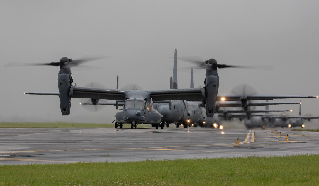 A CV-22 Osprey assigned to the 21st Special Operations Squadron taxis on the runway at Yokota Air Base, Japan, May 21, 2020, during the Samura Surge training exercise.