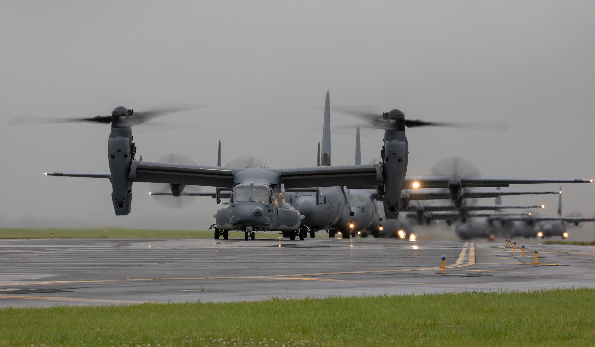 A CV-22 Osprey assigned to the 21st Special Operations Squadron taxis on the runway at Yokota Air Base, Japan, May 21, 2020, during the Samura Surge training exercise.