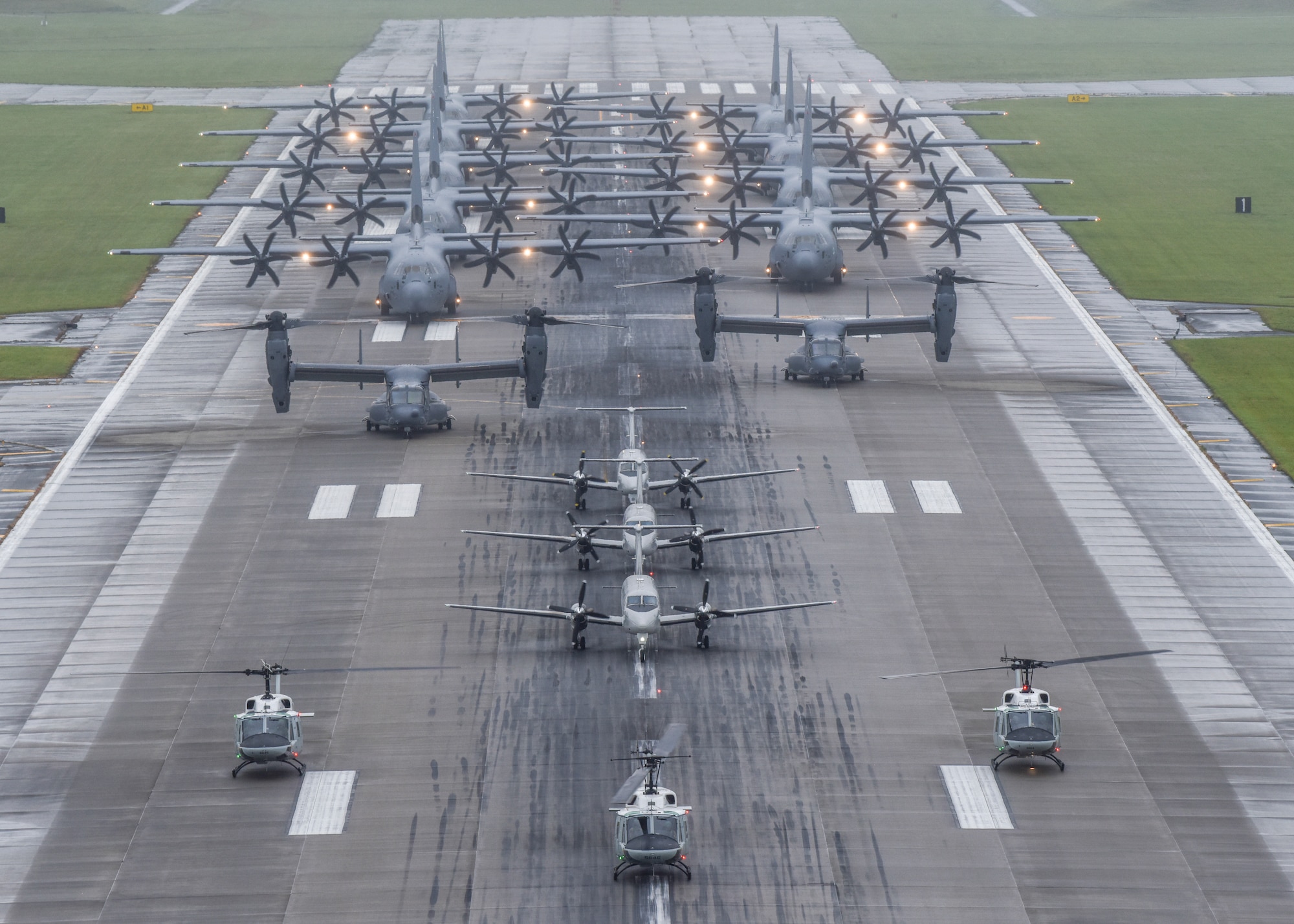 Aircraft from the 36th Airlift Squadron, 459th Airlift Squadron and 21st Special Operations Squadron participate in the elephant walk portion of the Samurai Surge training exercise, May 21, 2020, at Yokota Air Base, Japan.