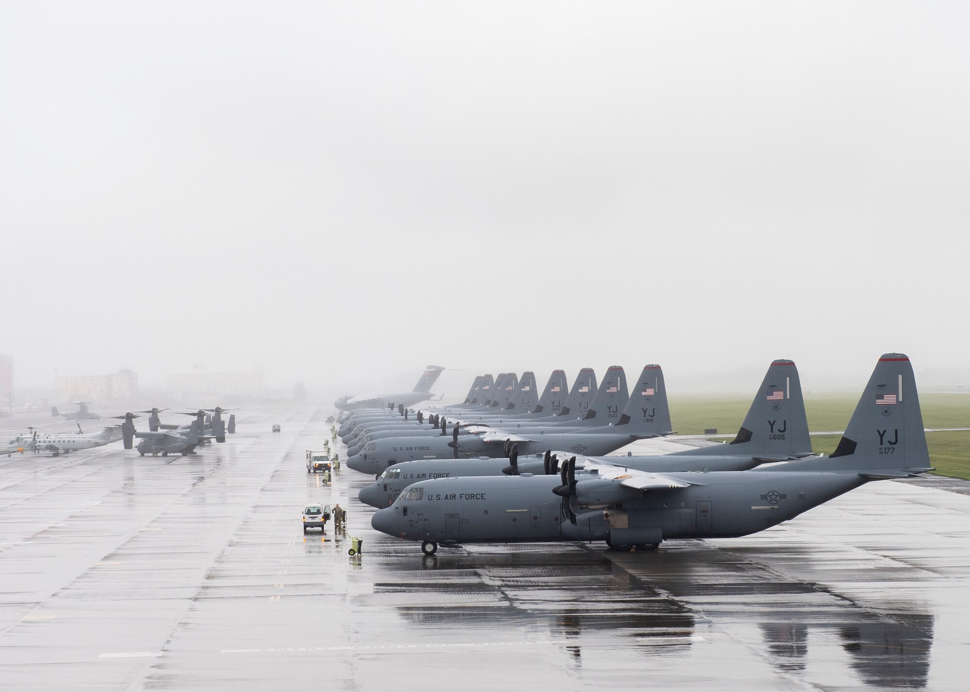 C-130J Super Hercules, assigned to the 36th Airlift Squadron, are prepared to participate in a Samurai Surge, May 21, 2020, at Yokota Air Base, Japan.