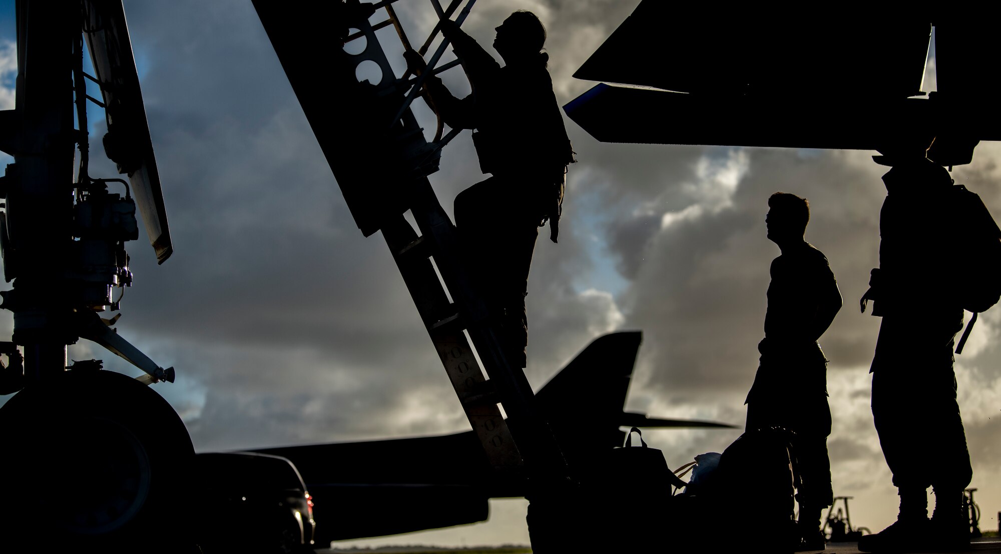 Capt. “HARM,” 9th Expeditionary Bomb Squadron B-1B Lancer weapons system officer instructor, climbs out of a B-1B at Andersen Air Force Base, Guam, May 22, 2020. This B-1B aircrew completed a 24-hour mission that included a large force exercise. The 9th EBS is deployed to Andersen Air Force Base, Guam, as part of a Bomber Task Force supporting Pacific Air Forces’ strategic deterrence missions and  commitment to the security and stability of the Indo-Pacific region.(U.S. Air Force photo by Senior Airman River Bruce)