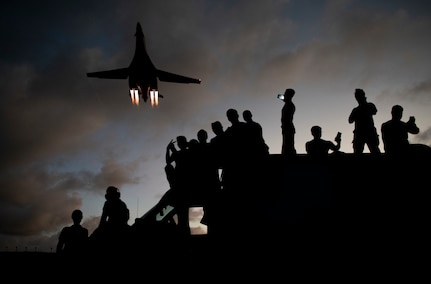 9th Expeditionary Bomb Squadron B-1B Lancer mechanics take selfies as a B-1B flies overhead at Andersen Air Force Base, Guam, May 21, 2020. In continued demonstration of the U.S. Air Force’s dynamic force employment model, two U.S. Air Force B-1B Lancers flew from Andersen AFB and conducted training in Alaska and near Misawa Air Base, Japan.

The 9th EBS deployed to Guam from Dyess Air Force Base, Texas, along with 200 Airmen assigned to the 7th Bomb Wing at Dyess AFB, Texas, as part of a Bomber Task Force and is supporting Pacific Air Forces’ strategic deterrence missions and commitment to the security and stability of the Indo-Pacific region. (U.S. Air Force photo by Senior Airman River Bruce)