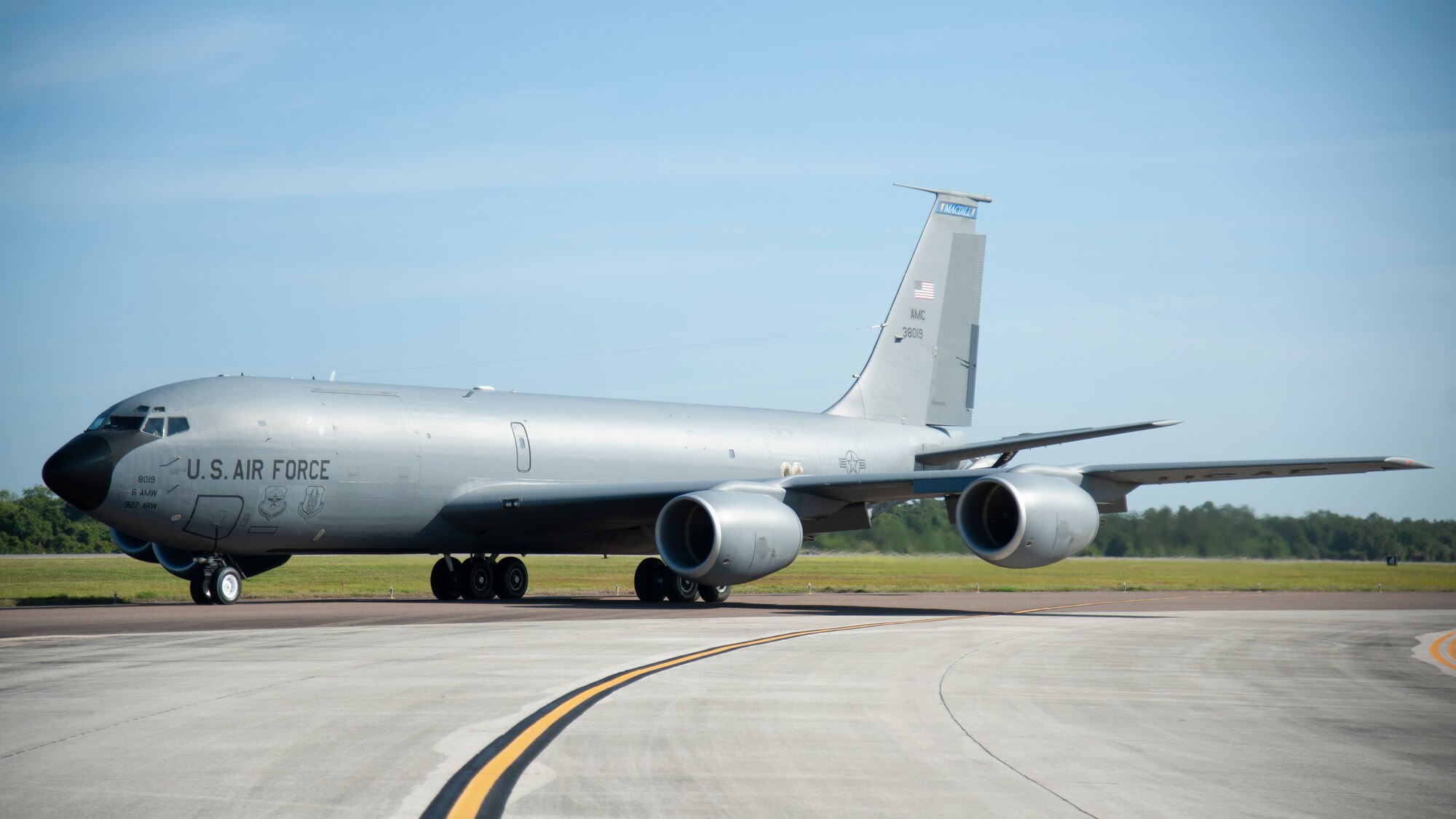 A KC-135 Stratotanker taxis toward the runway, at MacDill Air Force Base, Fla., May 15, 2020.