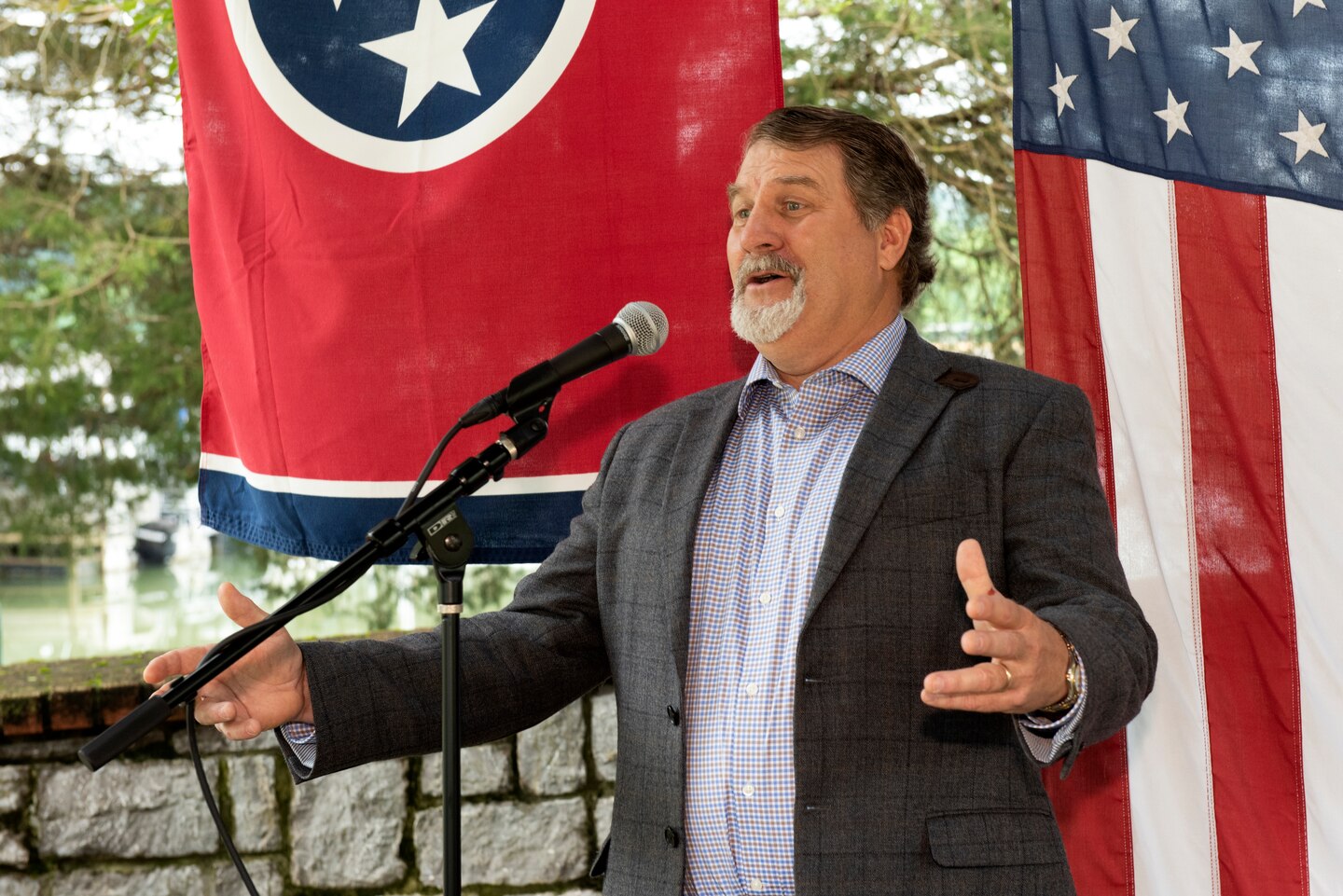 Jackson County Mayor Randy Heady congratulates the entire staff at Wildwood Resort & Marina for achieving “Clean Marina” status during a dedication May 21, 2020 at the resort located at Cordell Hull Lake in Granville, Tennessee.  The event recognized the marina’s voluntary efforts to reduce water pollution and erosion in the Cumberland River watershed, and for promoting environmentally responsible marina and boating practices. The U.S. Army Corps of Engineers Nashville District required the owners to sign a pledge card committing to the ideals of controlling pollution and erosion.  Then the facility completed a clean marina checklist and developed an action plan to meet their goals. (USACE photo by Lee Roberts)