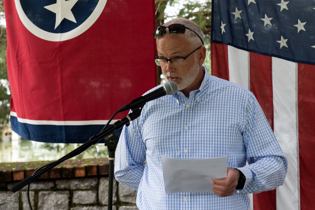 Jamie Summers, U.S. Army Corps of Engineers Nashville District’s Cordell Hull Lake resource manager, welcomes guests and makes opening remarks during a “Clean Marina” dedication May 21, 2020 at Wildwood Resort & Marina in Granville, Tennessee.  The event recognized the marina’s voluntary efforts to reduce water pollution and erosion in the Cumberland River watershed, and for promoting environmentally responsible marina and boating practices. (USACE photo by Lee Roberts)