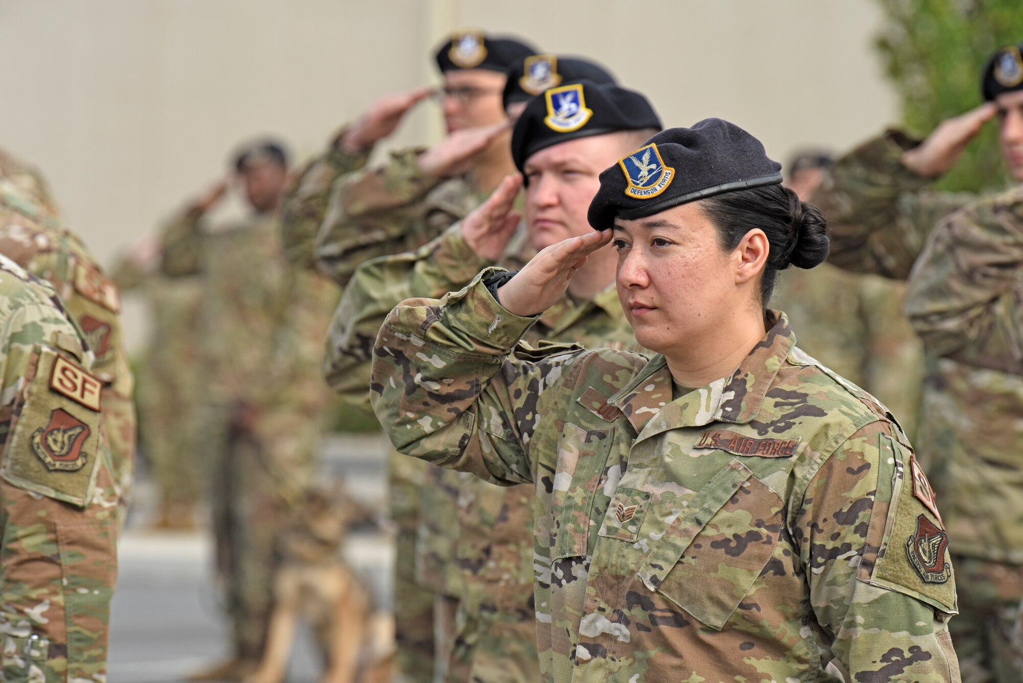 Wolf Pack Defenders paid tribute to the Air Force’s fallen security forces heroes during National Police Week at Kunsan Air Base, Republic of Korea, May 18, 2020. National Police Week pays special recognition to law enforcement officers who have lost their lives in the line of duty for the safety and protection of others. (U.S. Air Force photo by Staff Sgt. Mackenzie Mendez)
