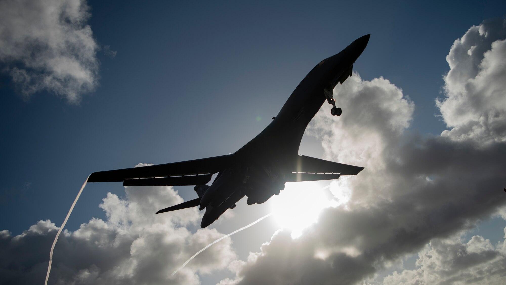 A 9th Expeditionary Bomb Squadron B-1B Lancer prepares to land at Andersen Air Force Base, Guam, May 22, 2020. This B-1B aircrew completed a 24-hour mission that included a large force exercise. The 9th EBS is deployed to Andersen Air Force Base, Guam, as part of a Bomber Task Force supporting Pacific Air Forces’ strategic deterrence missions and  commitment to the security and stability of the Indo-Pacific region. (U.S. Air Force photo by Senior Airman River Bruce)